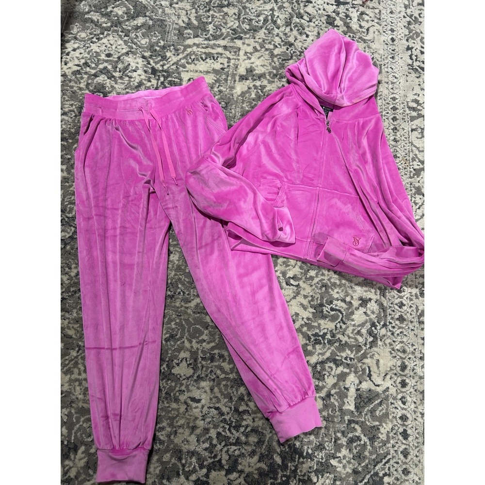 Victoria's Secret TRACKSUIT SET Velvet Jacket & Jogger Velour Hot Pink Medium